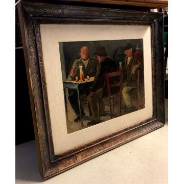 QUADRO DIPINTO OLIO Giuseppe Malagodi SCENA GENERE OSTERIA UOMINI TAVOLO VINO