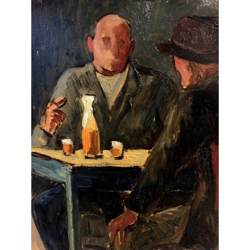 QUADRO DIPINTO OLIO Giuseppe Malagodi SCENA GENERE OSTERIA UOMINI TAVOLO VINO