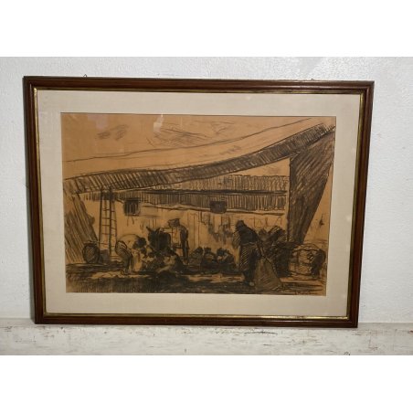 GRANDE QUADRO DIPINTO Luigi Michelacci MACCHIAIOLO DISEGNO CARBONCINO MANISCALCO