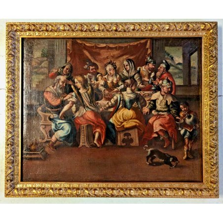 ANTICO DIPINTO OLIO SCENA "Abramo e i tre Angeli" SANTA TRINITA' RELIGIOSO '600