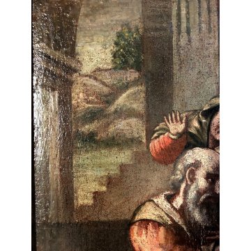 ANTICO DIPINTO OLIO SCENA "Abramo e i tre Angeli" SANTA TRINITA' RELIGIOSO '600