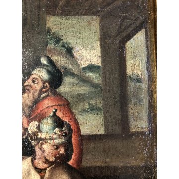 ANTICO DIPINTO OLIO SCENA "Abramo e i tre Angeli" SANTA TRINITA' RELIGIOSO '600