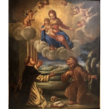 ANTICO DIPINTO OLIO "Madonna del Rosario" GESU' SAN FRANCESCO SANT'ANTONIO '600