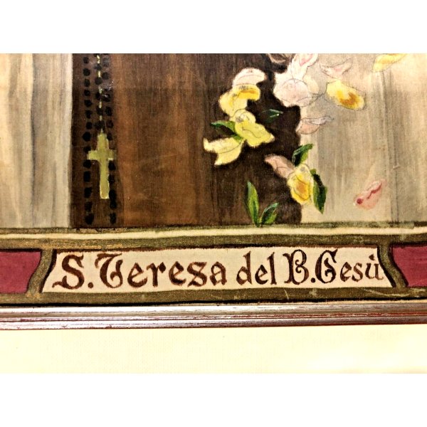 ANTICO DIPINTO OLIO SU SETA S. Teresa del Bambin Gesù CROCIFISSO ROSE ROSARIO