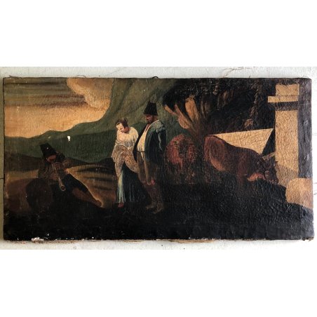 ANTICO DIPINTO OLIO SCENA PASTORALE PAESAGGIO CURDO BUOI ARCHITETTURE TURCHERIA