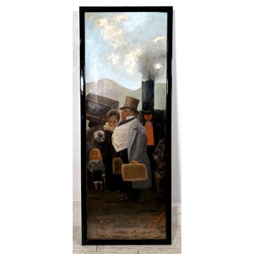 GRANDE DIPINTO OLIO TELA VIAGGIO PASSEGGERI TRENO VAPORE BORGHESIA FIRMATO '800