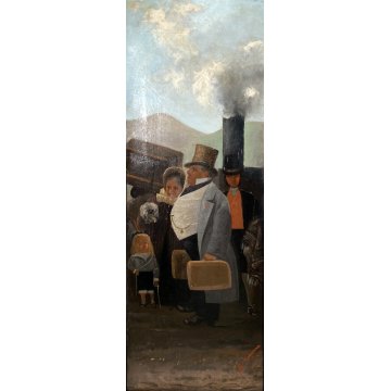 GRANDE DIPINTO OLIO TELA VIAGGIO PASSEGGERI TRENO VAPORE BORGHESIA FIRMATO '800