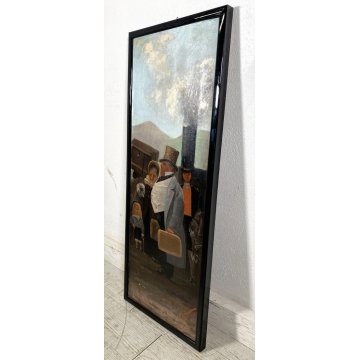 GRANDE DIPINTO OLIO TELA VIAGGIO PASSEGGERI TRENO VAPORE BORGHESIA FIRMATO '800