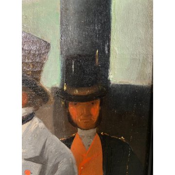 GRANDE DIPINTO OLIO TELA VIAGGIO PASSEGGERI TRENO VAPORE BORGHESIA FIRMATO '800