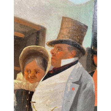 GRANDE DIPINTO OLIO TELA VIAGGIO PASSEGGERI TRENO VAPORE BORGHESIA FIRMATO '800