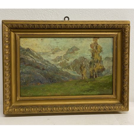 ANTICO DIPINTO OLIO SU TAVOLA PAESAGGIO MONTANO GHIACCIAIO MARIANI 1800 ALPEGGIO