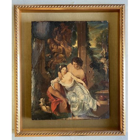 ANTICO DIPINTO OLIO TAVOLA SCENA D'AMORE GIARDINO BAROCCO SCULTURA '600/'700