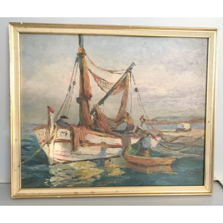 ANTICO QUADRO MARINA GOLFO NAPOLI VEDUTA PESCATORI PRIMi '900 barca tavola olio