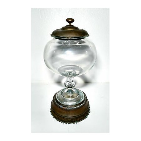 ANTICO PORTA BON BON VETRO SOFFIATO VASO COPPA BRONZO COPERCHIO EPOCA 1900 1800