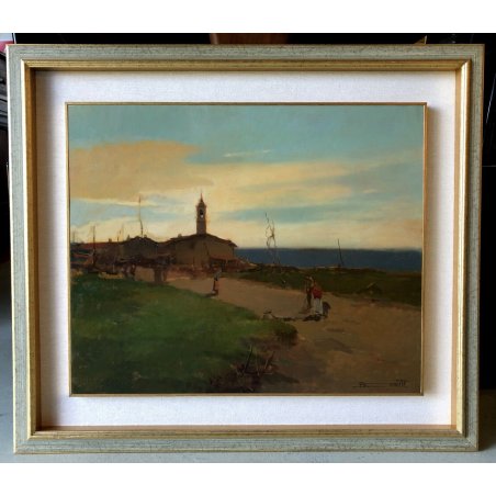 ANTICO DIPINTO OLIO Bernardo Gentili PAESAGGIO MARINA FIGURE STRADA CHIESA '900