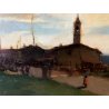 ANTICO DIPINTO OLIO Bernardo Gentili PAESAGGIO MARINA FIGURE STRADA CHIESA '900