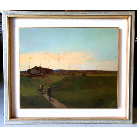 ANTICO DIPINTO OLIO Bernardo Gentili PAESAGGIO MARINA FIGURE CASALE CAMPI MARE