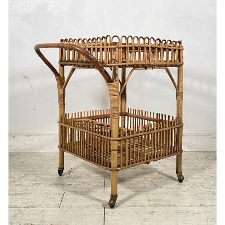 CARRELLO BAR RATTAN BAMBU VINTAGE 1960 VIMINI CARRELLINO ROTELLE PORTA VIVANDE