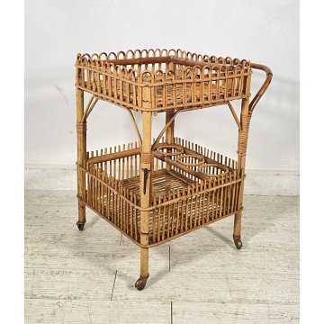 CARRELLO BAR RATTAN BAMBU VINTAGE 1960 VIMINI CARRELLINO ROTELLE PORTA VIVANDE