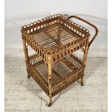 CARRELLO BAR RATTAN BAMBU VINTAGE 1960 VIMINI CARRELLINO ROTELLE PORTA VIVANDE