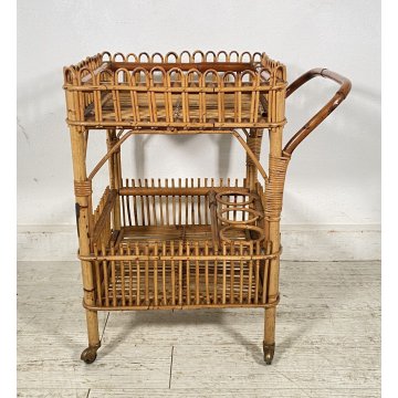 CARRELLO BAR RATTAN BAMBU VINTAGE 1960 VIMINI CARRELLINO ROTELLE PORTA VIVANDE