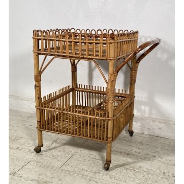 CARRELLO BAR RATTAN BAMBU VINTAGE 1960 VIMINI CARRELLINO ROTELLE PORTA VIVANDE