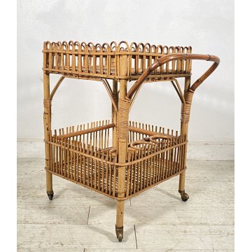 CARRELLO BAR RATTAN BAMBU VINTAGE 1960 VIMINI CARRELLINO ROTELLE PORTA VIVANDE