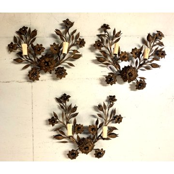 3 ANTICHE APPLIQUE PARETE FERRO BATTUTO FORGIATO RAMAGE FOGLIATO 2 LUMI '700