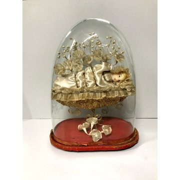 GRANDE ANTICA STATUA ICONA Maria Bambina CERA TECA CUPOLA VETRO SOFFIATO 800/900