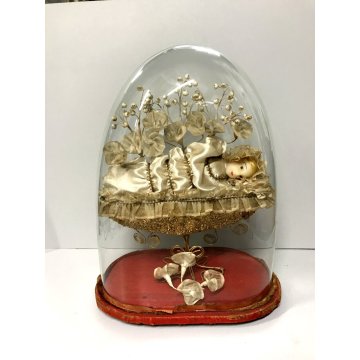 GRANDE ANTICA STATUA ICONA Maria Bambina CERA TECA CUPOLA VETRO SOFFIATO 800/900