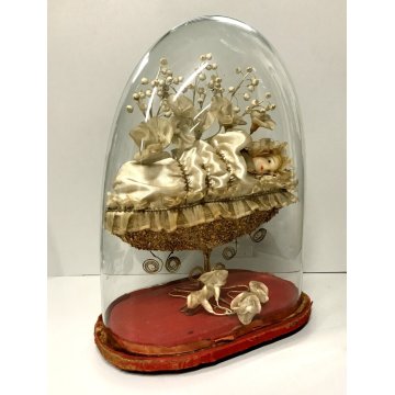 GRANDE ANTICA STATUA ICONA Maria Bambina CERA TECA CUPOLA VETRO SOFFIATO 800/900