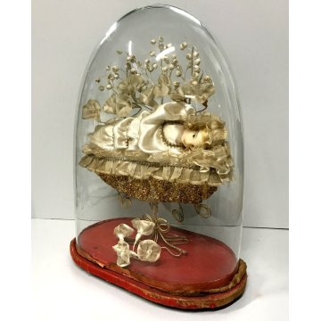 GRANDE ANTICA STATUA ICONA Maria Bambina CERA TECA CUPOLA VETRO SOFFIATO 800/900