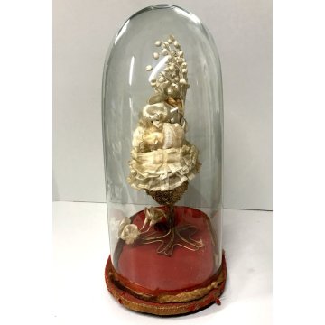 GRANDE ANTICA STATUA ICONA Maria Bambina CERA TECA CUPOLA VETRO SOFFIATO 800/900