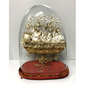 GRANDE ANTICA STATUA ICONA Maria Bambina CERA TECA CUPOLA VETRO SOFFIATO 800/900