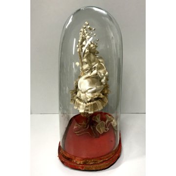 GRANDE ANTICA STATUA ICONA Maria Bambina CERA TECA CUPOLA VETRO SOFFIATO 800/900