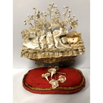 GRANDE ANTICA STATUA ICONA Maria Bambina CERA TECA CUPOLA VETRO SOFFIATO 800/900