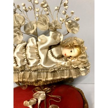 GRANDE ANTICA STATUA ICONA Maria Bambina CERA TECA CUPOLA VETRO SOFFIATO 800/900