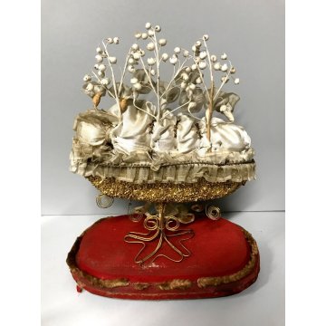GRANDE ANTICA STATUA ICONA Maria Bambina CERA TECA CUPOLA VETRO SOFFIATO 800/900