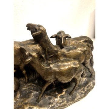 SCULTURA BRONZO Pastorella con gregge J. D'aste  XX sec 30,5 cm/h