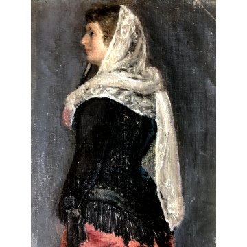 PICCOLO DIPINTO OLIO TELA RITRATTO DONNA FIGURA INTERA ABITO COSTUME MODA '900