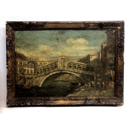 ANTICO QUADRO OLIO VEDUTA Venezia CANAL GRANDE ponte RIALTO PAESAGGIO FIGURE 700