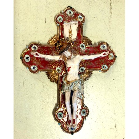 GESU' CRISTO CROCIFISSO CERAMICA da PARETE SMALTO POLICROMO ORO RELIGIOSO XX sec