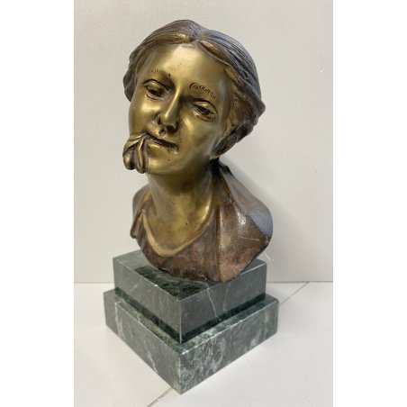 PICCOLA SCULTURA BRONZO  ITALIA "FANCIULLA CON FIORE" De Martino BASE IN MARMO