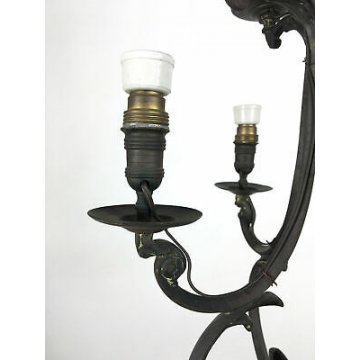 ANTICO LAMPADARIO OTTONE FORGIATO 8 LUCI EPOCA DA SOFFITTO OLD HANGING LAMP