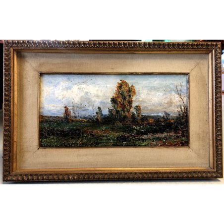 ANTICO DIPINTO OLIO  TELA MATERICO AUTUNNO PAESAGGIO COLLINARE RADURA LAGO '900