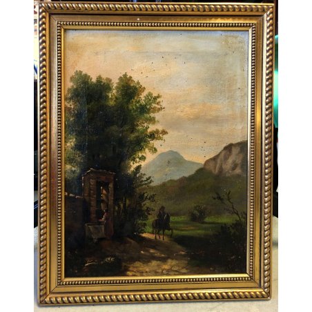 QUADRO DIPINTO OLIO PAESAGGIO CAMPAGNA FIGURE DONNA POZZO VIANDANTE CAVALLO '900