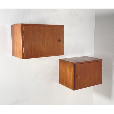 COPPIA DI COMODINI DESIGN A MURO ANNI 70 LEGNO OTTONE VINTAGE ANTA CAMERA LETTO