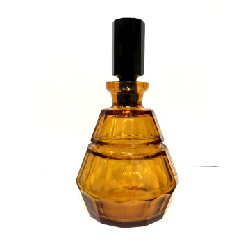 ANTICA BOTTIGLIA LIQUEUR DECANTER Moser VETRO MOLATO AMBRATO TAPPO NERO ART DECO