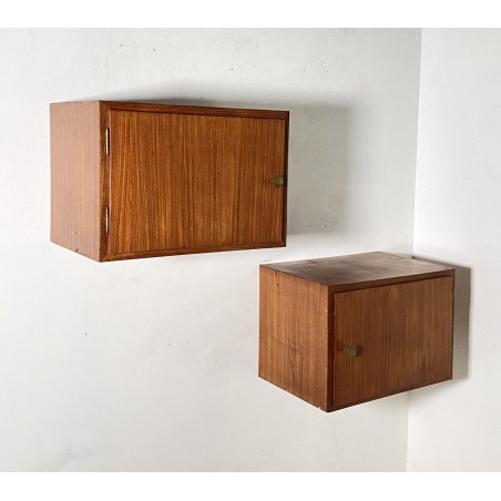 COPPIA DI COMODINI DESIGN A MURO ANNI 70 LEGNO OTTONE VINTAGE ANTA CAMERA LETTO