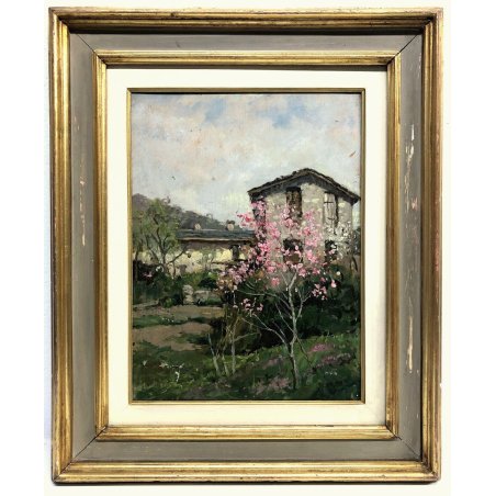 ANTICO DIPINTO OLIO Gigi Comolli PAESAGGIO RURALE Il pesco fiorito GIGNESE '900